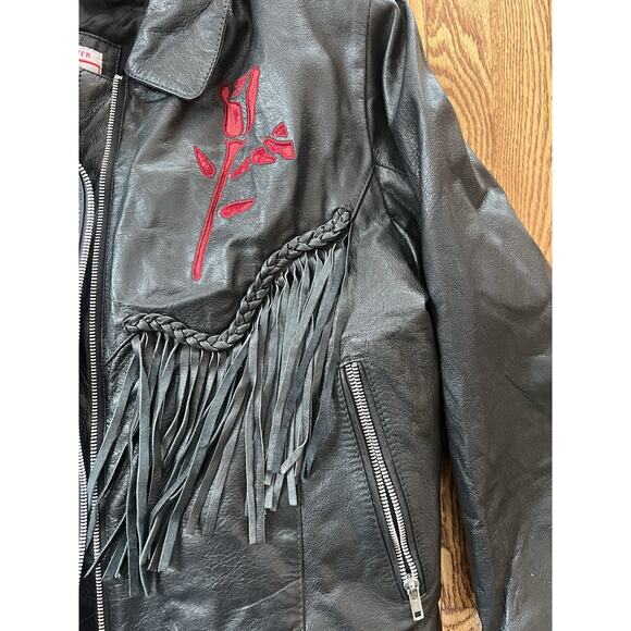 Vintage Addis Biker Fringe Leather Jacket Velvet Cut Out Rose Conchos Womens 16 - Picture 7 of 12